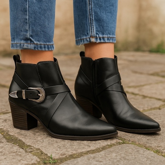 London Rag Shoes - London Rag Womens Harlie Black Western Buckle Pointed Ankle Heeled Boots Boho 8